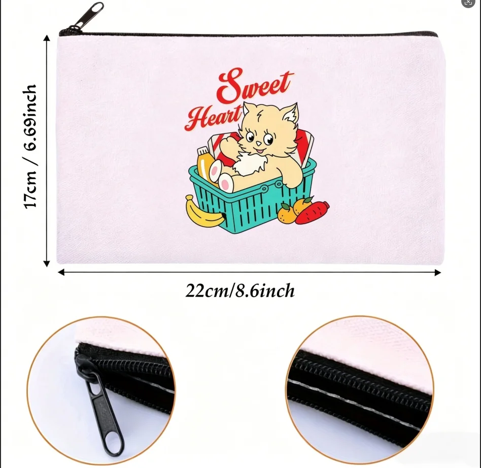 1PC Double-sided Canvas Pouch Fruit Basket Cat Zipper Cosmetic Storage Bag