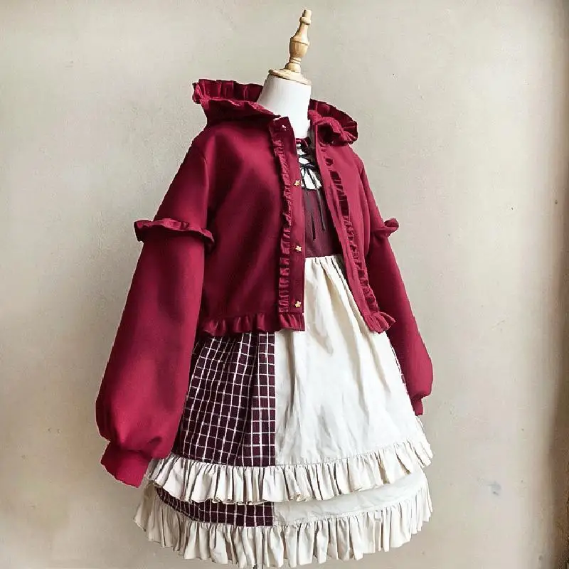 Kawaii Woman's Coat Korean Sweet Lolita Hoodie Cardigans Loose Long Sleeve Mujer Y2K Street Thicked Warm Wrinkled Edge Woolen
