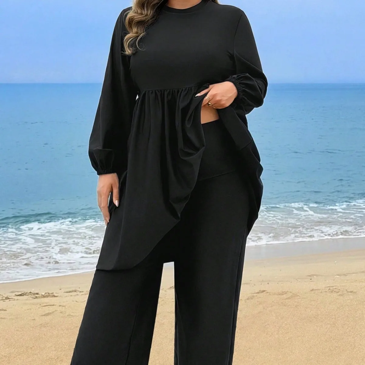2pcs Plus Size Black Modest Burkini Swimsuit Long Sleeve Crew Neck Flowy Gathered Tunic and Full Length Straight Leg Pants