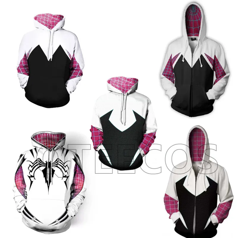 MINISO Gwen Stacy sudaderas con capucha superhéroe Cosplay abrigo con cremallera a través del verso disfraz Sudadera con capucha ropa de calle abrigo chaquetas para adultos