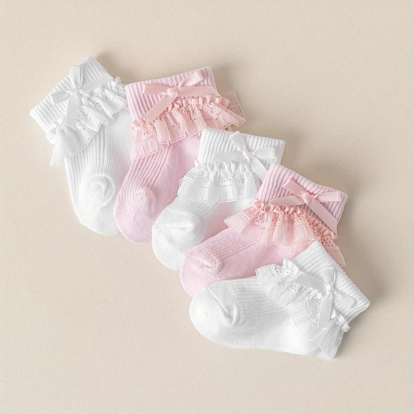 5-Pack Baby Girls' Ruffle Lace Socks with Bow, Soft Cotton Breathable Princess Ankle Socks for Newborn Infants