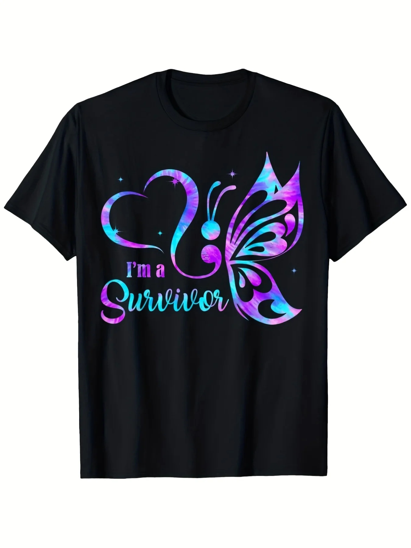 Semicolon T-Shirt for Suicide Prevention Awareness - I'M a Survivor Butterfly Design, Comfortable Unisex Shirt for Men, Black Ca