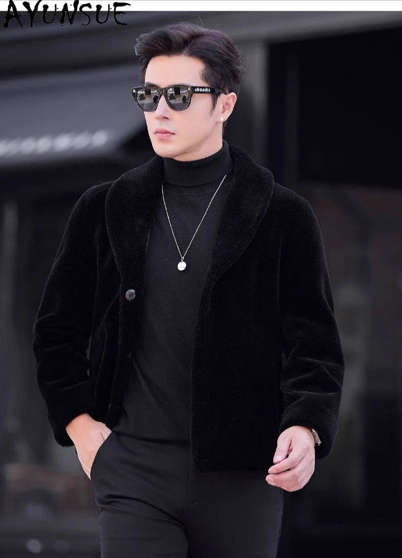 AYUNSUE 100% Wool Coats for Man Autumn Winter Korean Fashion Short Sheep Shearing Jacket Reversible Men's Fur Coat Black Clothes