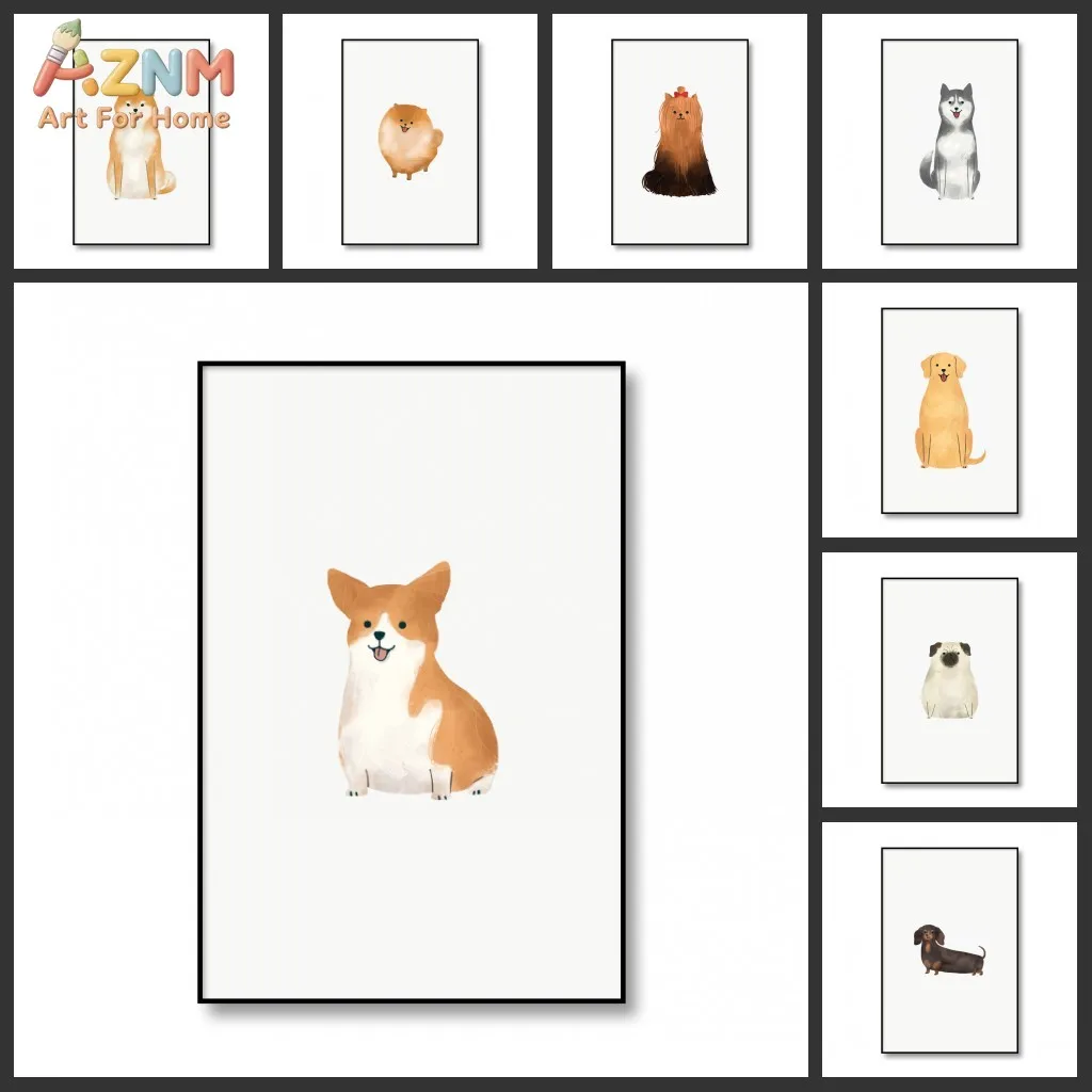 AZNM Minimalist Watercolor Dog Canvas Wall Art Corgi Shiba Husky Pug Labrador Cute Puppy Pet Nursery Decor Unframed Canvas Poste