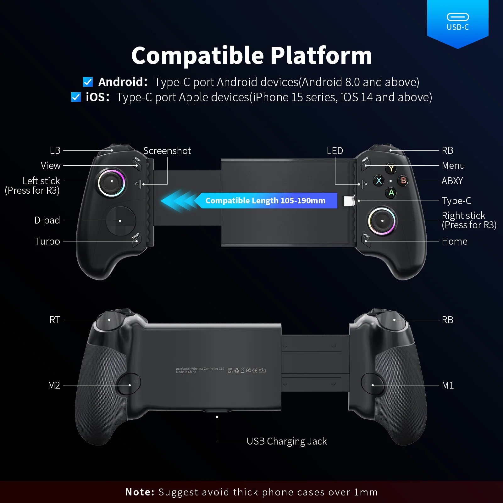 وحدة تحكم ألعاب الهاتف المحمول AceGamer من النوع C لسلسلة iPhone 15/Android، لوحة ألعاب قابلة للتمدد مع عصا تحكم بتأثير القاعة