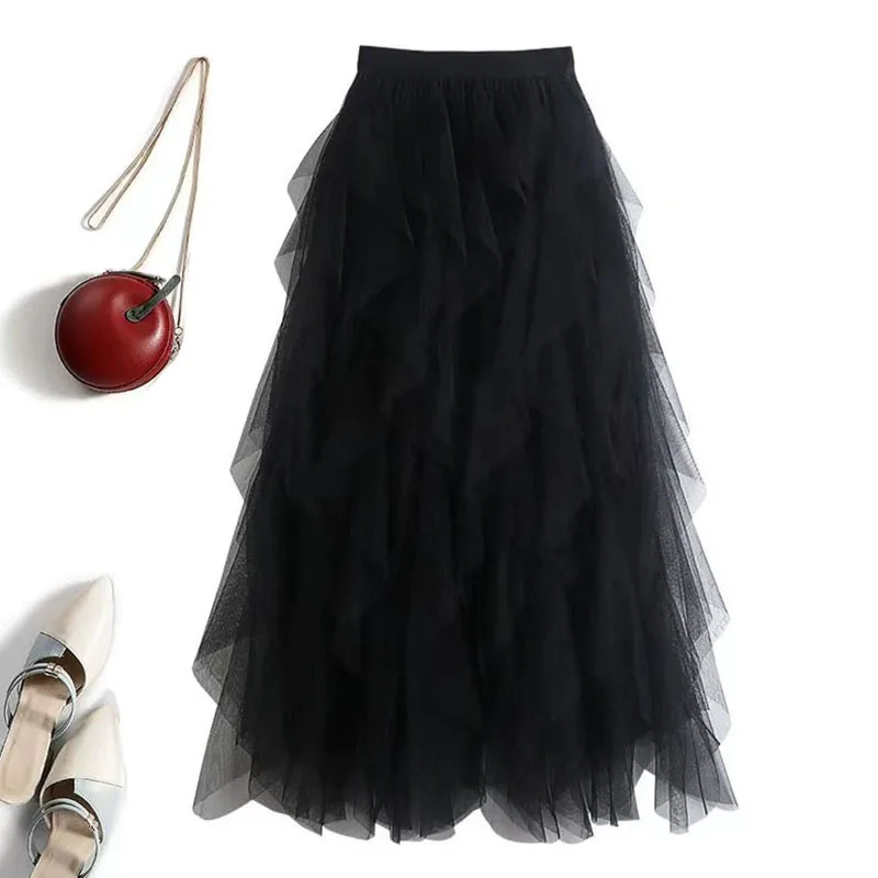 Jupe longue en maille plissée taille haute pour femmes, couleur unie, à volants irréguliers, robe de bal, en Tulle, douce et adorable, Tutu, jupe trapèze