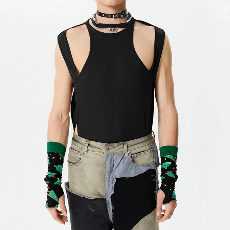 New Personalized Suspender Design Sense Inner Elastic Slim T-shirt Men's Irregular Solid Color