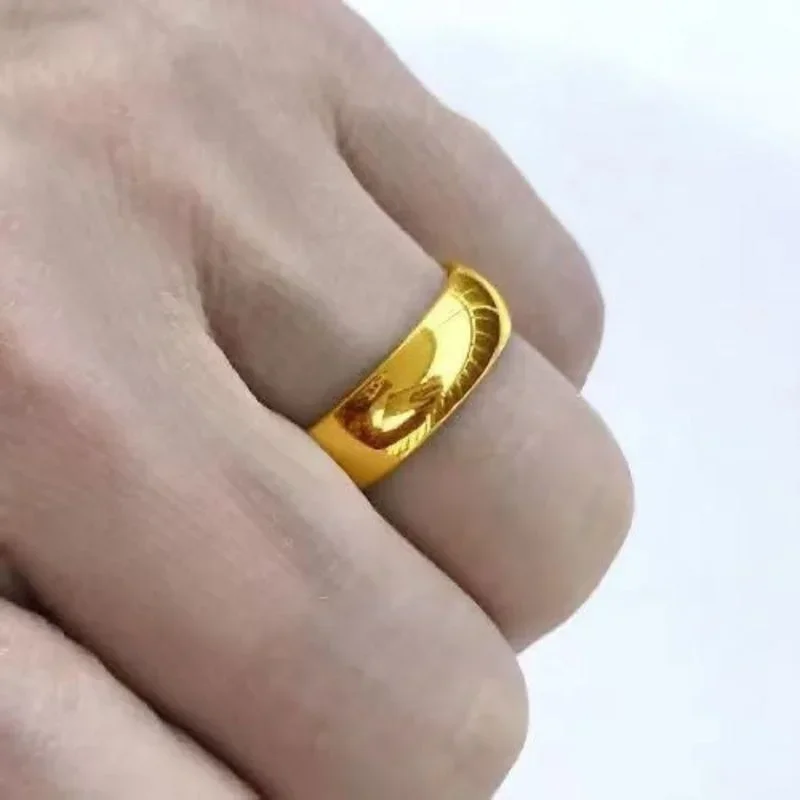 ANGLANG 24K Pure Plated Real 18k Yellow Gold 999 24k Plain Smooth Face Personality Money Seeking Couple Ring for Men and Women C