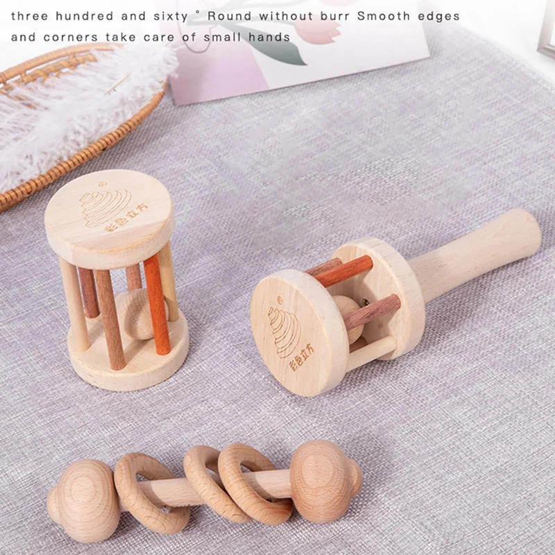 Infant Beech Solid Wood Stroller Toy Early Childhood Education Trolley Hand Rattle Early Education Wooden Comfort Toy