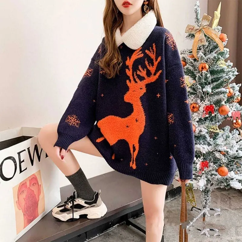 Christmas Elk Knitted Sweaters Female Clothing Sweet Peter Pan Collar 2023 Autumn Winter Long Sleeve Stylish Snow Korean Jumpers