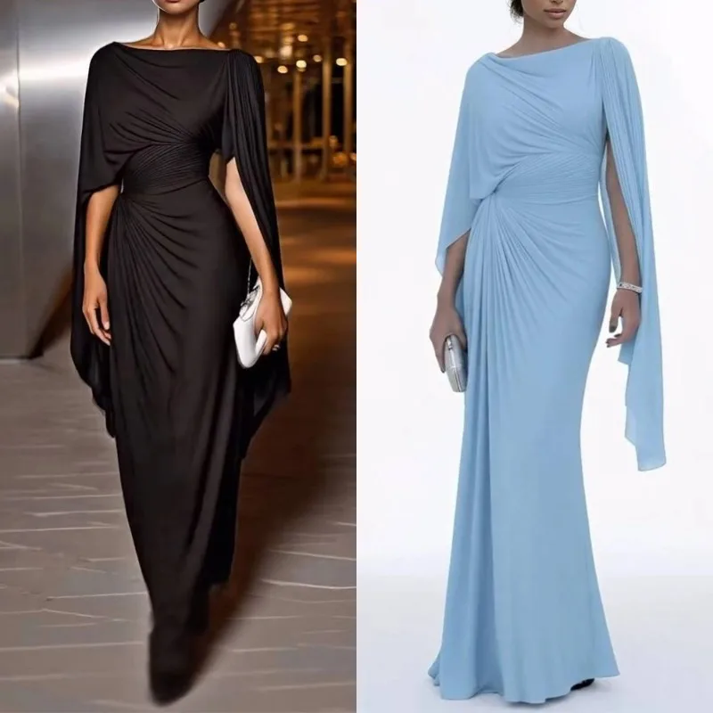 Elegantes Hochgeschnittenes Einfarbiges Bankett-Kleid Damen Freizeit Unregelmäßiges Langarm-Kleid Sexy Schulterfrei Plissiertes Schlankes Abendkleid