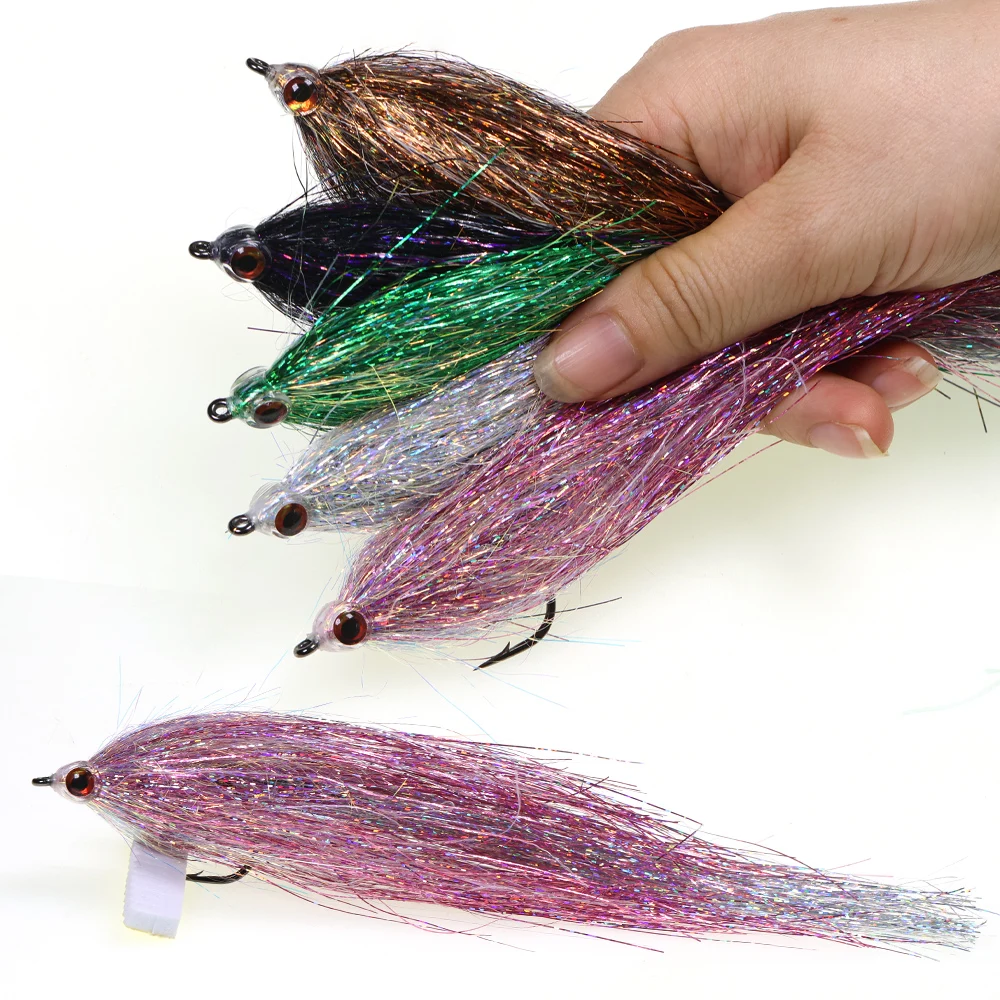 4/0 Holographische Glitzer-Tinsel 3D Fischauge Hechtfliegen Raubfisch-Fliegenfischen Streamer Salzwasser-Köderfisch-Fliege Forellen- und Hecht-Angelköder