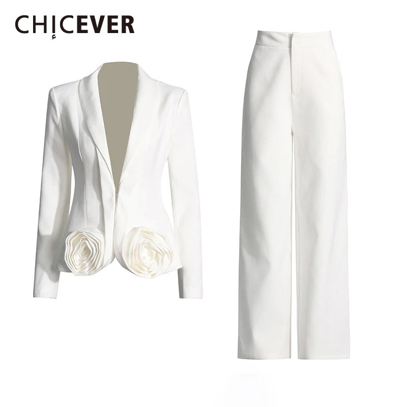 

CHICEVER Elegant Two Piece Set For Women Lapel Long Sleeve Spliced Appliques Coat High Waist Wide Leg Pant Chic Sets Female New