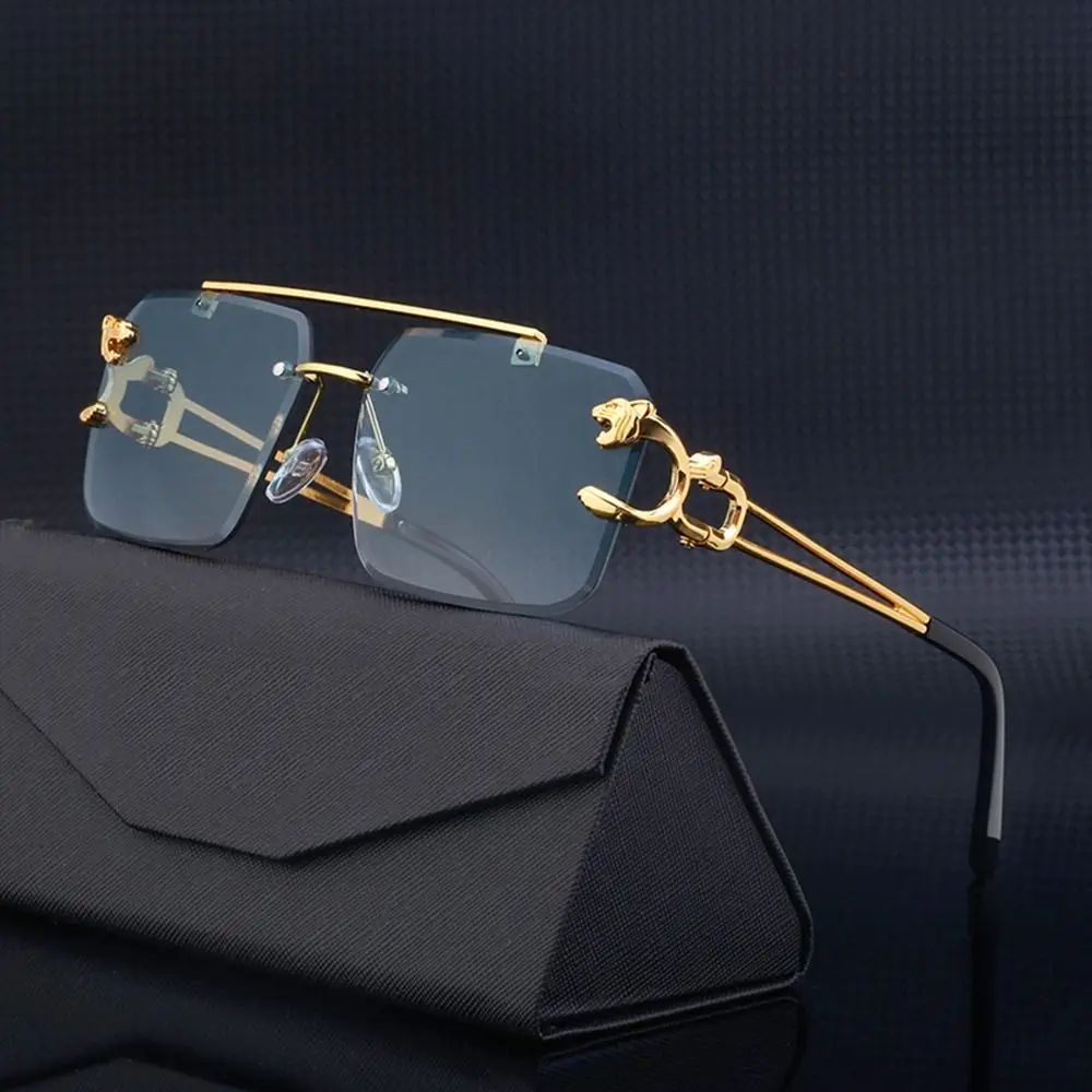Fashion Leopard Rimless Square Double Bridge Sun Glasses Vintage Women Men Sunglasses UV400 Steampunk Eyewear Retro Shades
