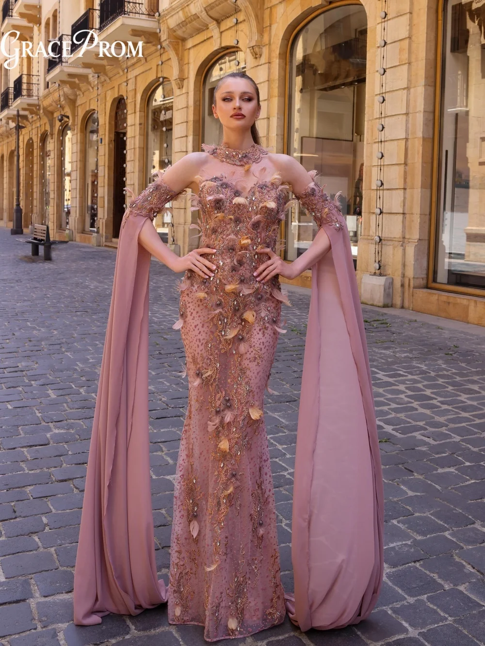 

Gorgeous High Neck Sheer Mesh Evening Gown 3D Feather Crystal Beaded Long Cape Sleeve Party Dress For Wedding Guest فساتين سهرة