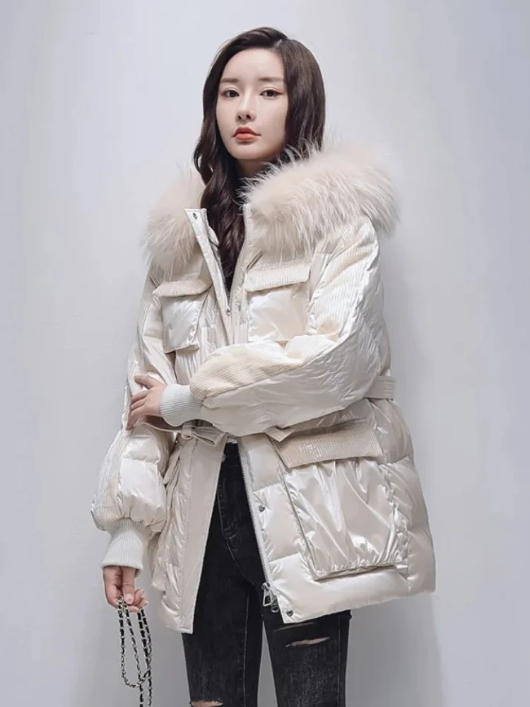 White Duck Down Padded Coat 2024 New Winter Hooded Down Padded Jacket Women Bright Face Jacket Big Fur Collar Long Parka Coat