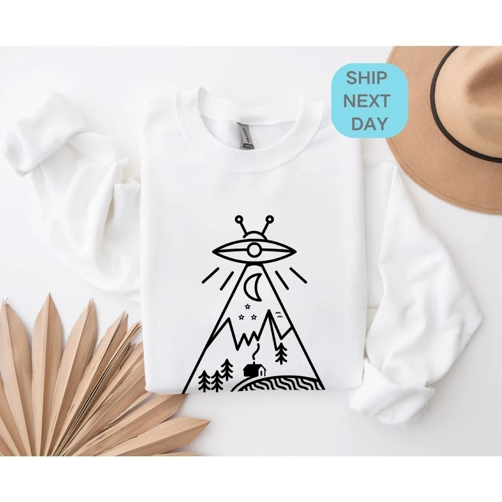 UFO Mountain Sweatshirt الغريبة موضوع طباعة الخريف الشتاء عارضة فضفاضة طويلة الأكمام الاسترخاء فريدة من نوعها الإبداعية Dailywear القماش قمم