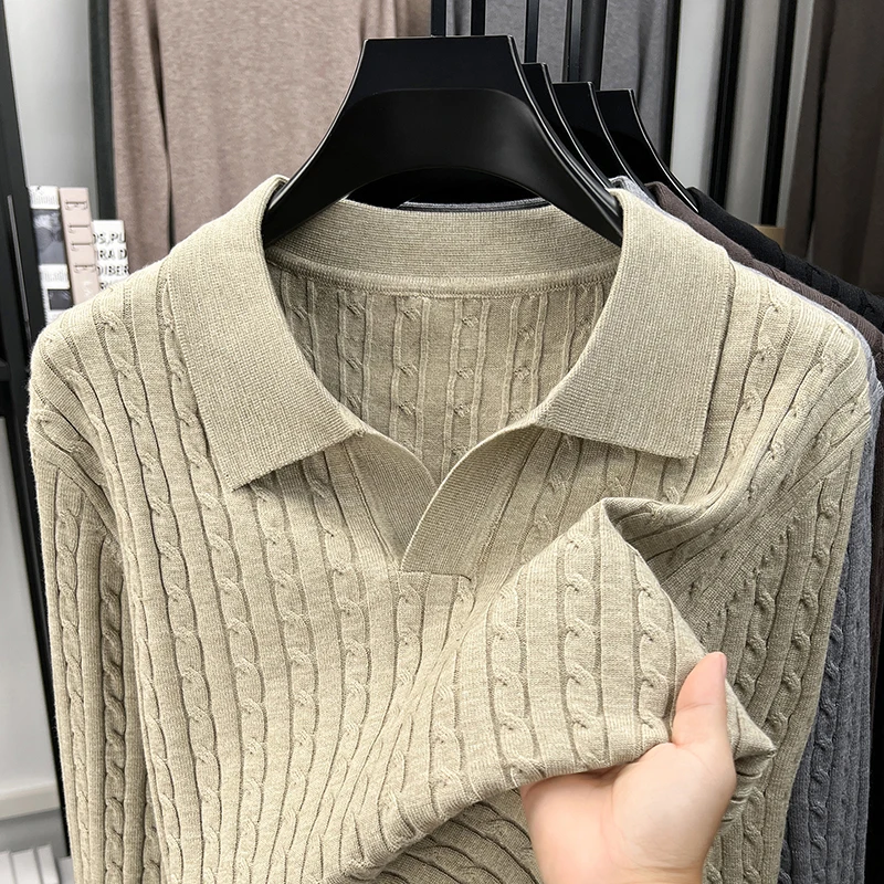 Light luxury new jacquard knitted sweater men's fashion skin friendly comfort solid color casual autumn winter lapel pullover