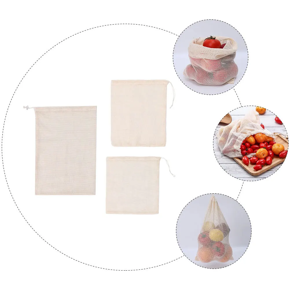 

3pcs Cotton Mesh Bags Reusable Vegetable Fruit Storage Drawstring Kitchen Grocery Shopping Eco Friendly Biodegradable Foldable