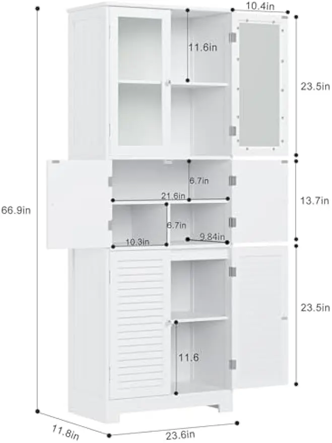 Tall Kitchen Pantry Cabinet, Bathroom Storage Cabinet with Glass Doors and Shelves, Freestanding Floor Cabinet Cupboard