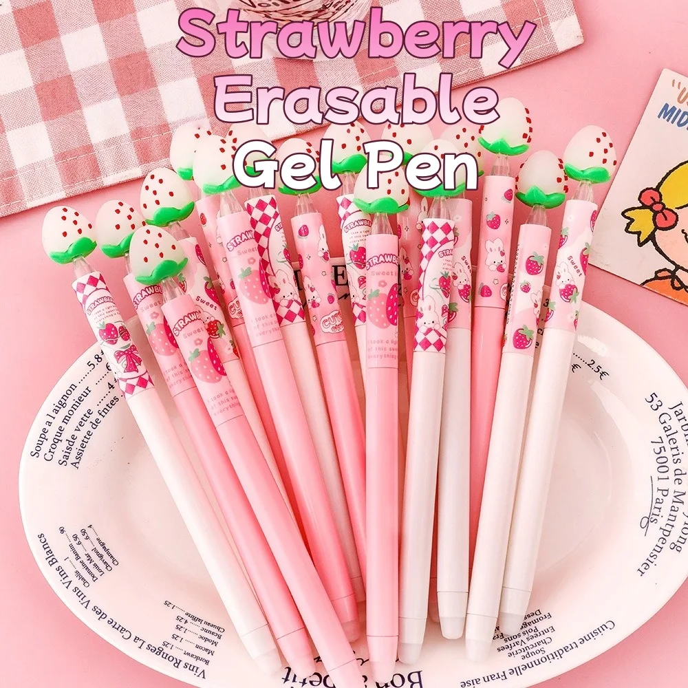 Cute Strawberry Erasable Gel Pen Set for Students Blue Ink Color-Changing Writing Tool with Smooth Tip School Supplies