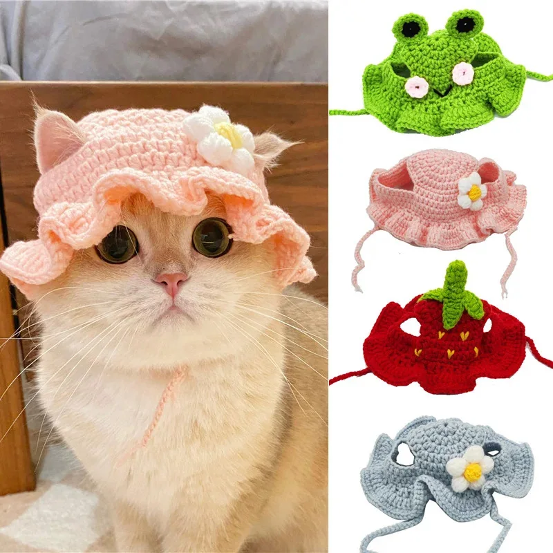 Pet Hat Delicate Hemming Pendant Decor High Elasticity Cute Pet Adjustable Strap Knitted Hat for Party Dog Headwear