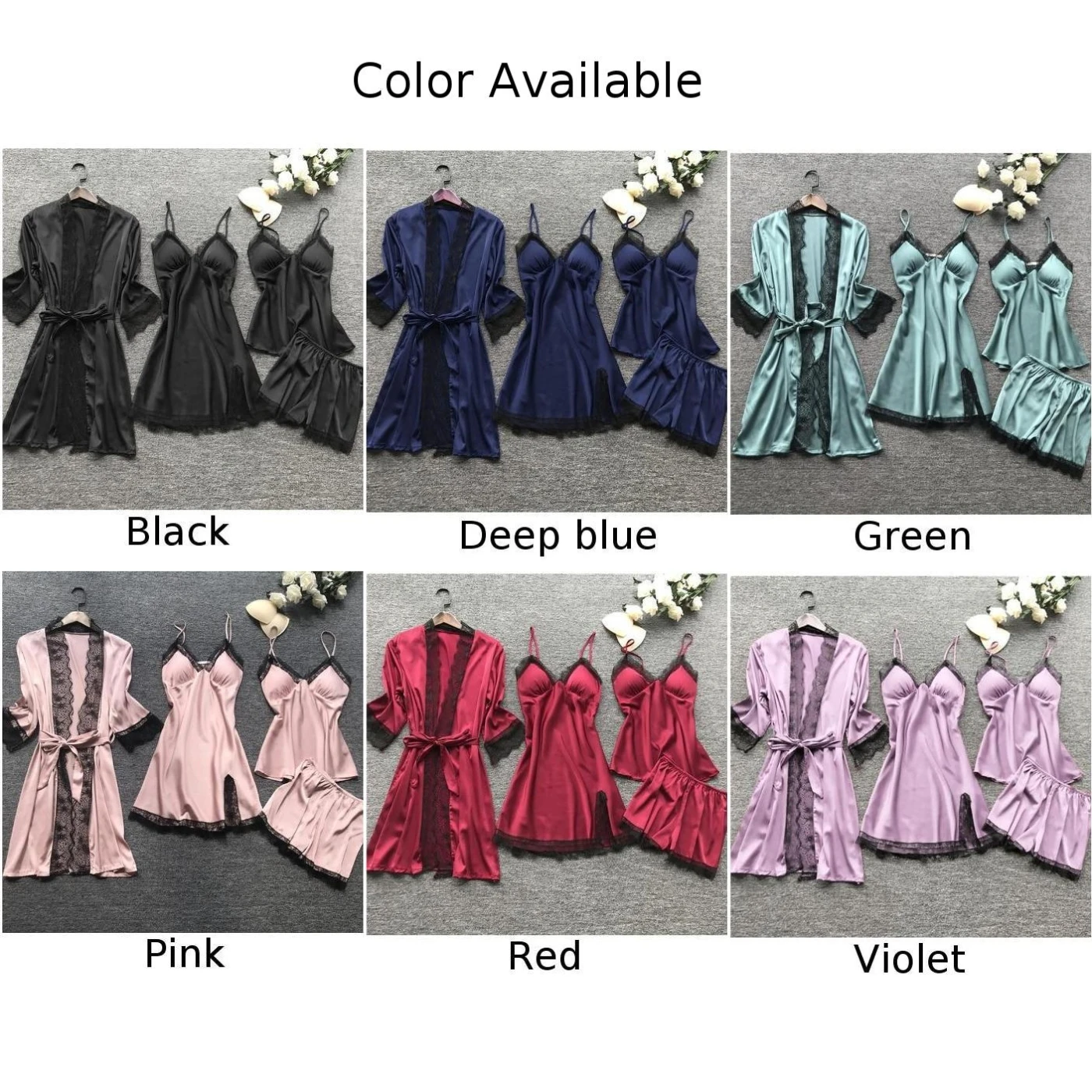 Nightdress Pajamas Set 4PCS Home Clothes Lace Dress Nightgown Nightwear Robe Sleepwear Solid Color Comfortable