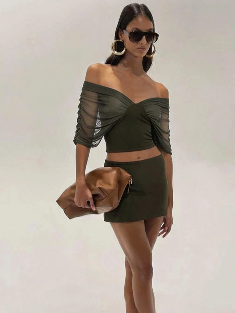 

Sisterlinda Elegant 2 Piece Set Women Fashion Mesh Patchwork Slash Neck Backless Vest+Peach Hip Skirt Stretch Sexy Party Suit