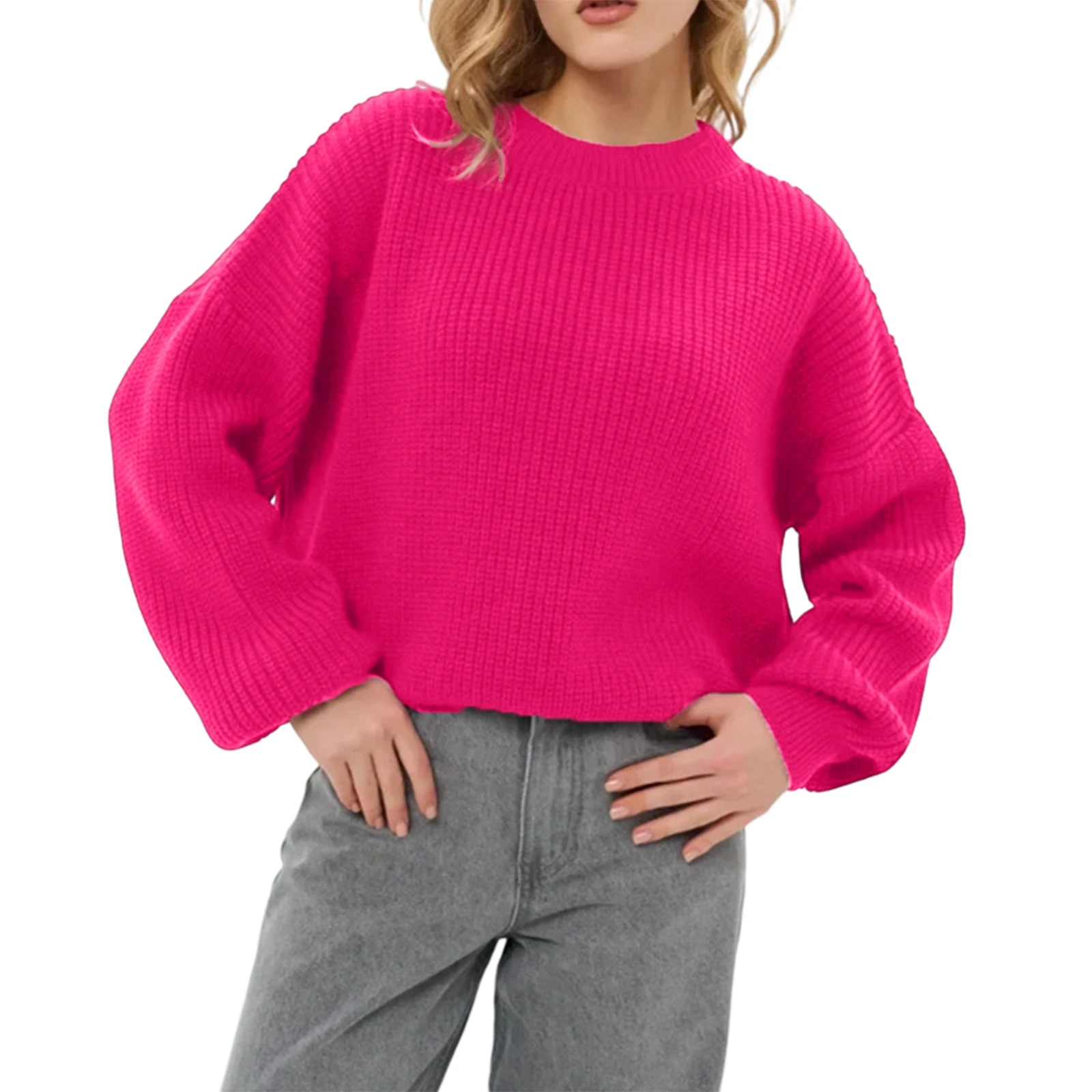 

Women'S Crew Neck Lantern Long Sleeve Sweater Solid Color Casual Knit Pullover Trendy Autumn Winter Loose Jumper For Ladies