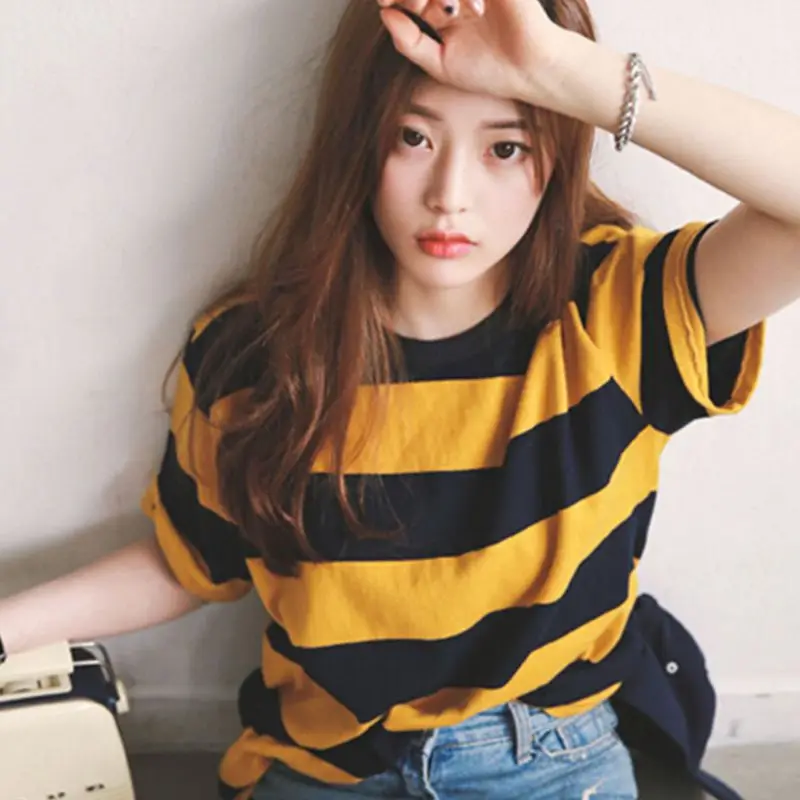 Women Yellow Black Stripes Short-sleeved T-shirt Girls O-Neck Casual Tops Summer Autumn Classic Shirts