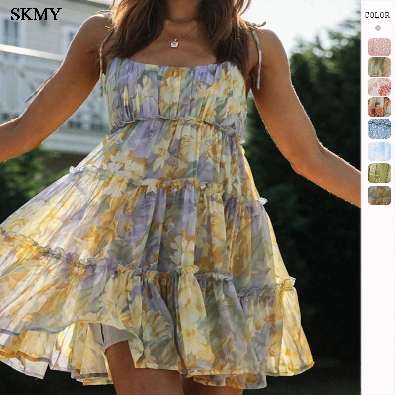 

SKMY Sexy Slim Strap Dress Spring-Summer 2025 New Arrival - Tropical Print Backless Maxi Stylish Versatile Beach Resort Wear