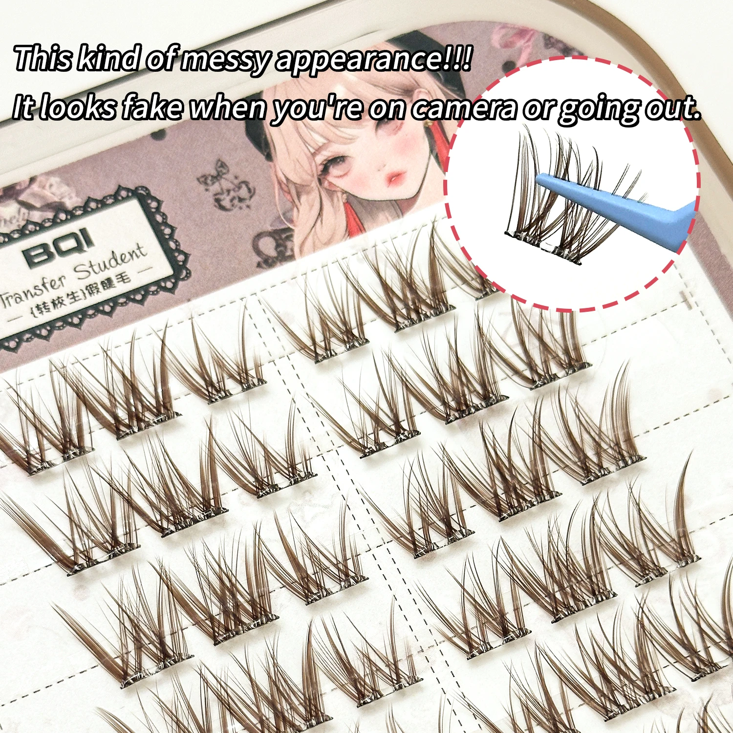 BQI 12-14mm Brown Glue-Free False Eyelashes Thick Comic Eye Segmented DIY Lashes Self-Adhesive No Glue Needed Easy Application