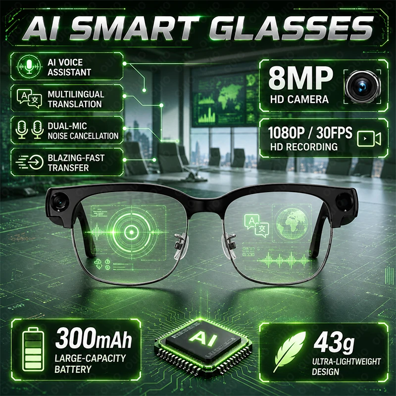 AI Translation Smart Glasses 8MP HD Camera 1080P/30FPS HD Recording AI Voice Assistant 43g Ultra-Lightweight Design Sunglasses