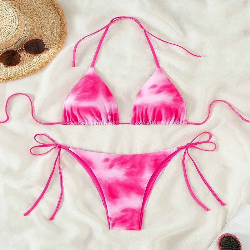 Sexy halo staining hang neck tie top+tie up shorts bikini two-piece set summer women's fashionable beach vacation swimsuit set