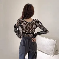 Camiseta gótica Sexy de rejilla negra con transparencias para mujer, camisetas ajustadas góticas caladas de manga larga, Top corto, camiseta, ropa de calle