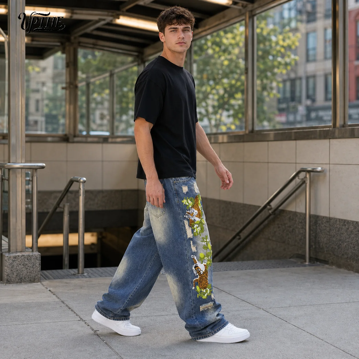 UP.THE Oversized Baggy Jeans for Men, Retro Gradient Washed Distressed Ripped Denim Pants, Jungle Tiger Floral Embroidery Y2K Streetwear Wide Leg Jeans, Skate Hip Hop Loose Denim Trousers for Teen Boys Daily Outfits view 5