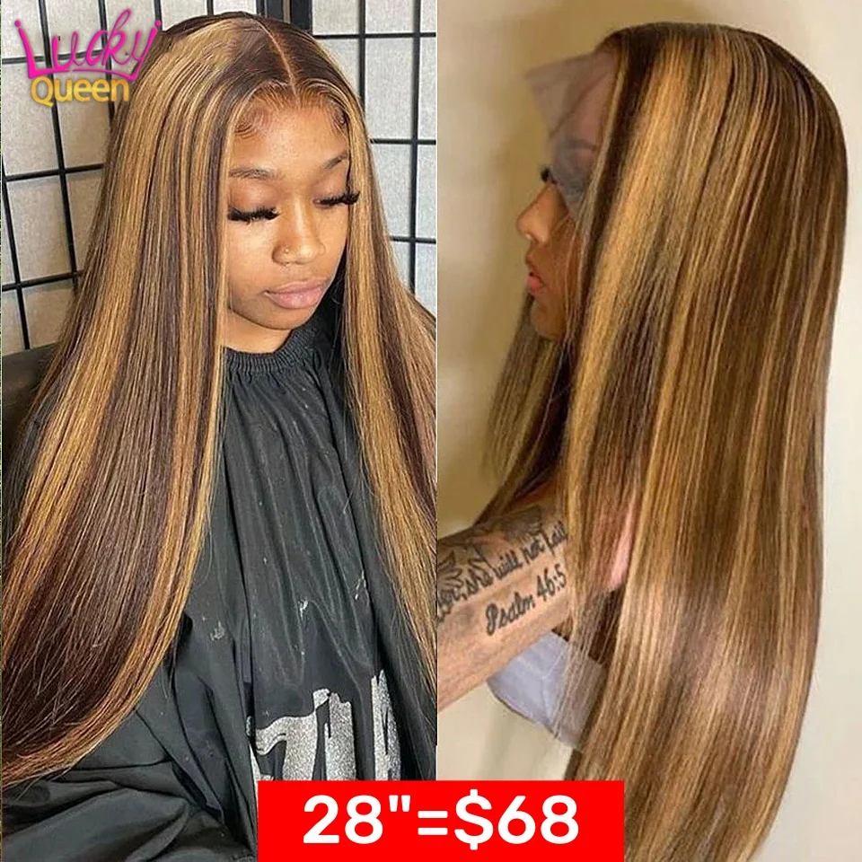 Color 4 27  Human Hair Wigs 13x4x1 Transparent Lace T Part Wig Highlight 4 30 Straight Body Wave Wigs For Women Clearance Sale