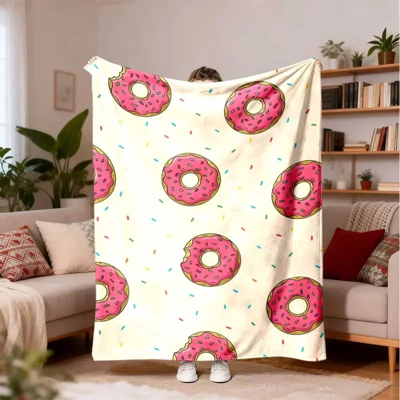 Cute Pink Donut Color Sprinkles Blanket Sweet Dessert Cartoon Print Soft Cozy Blanket For Bedroom Dorm Nap Use