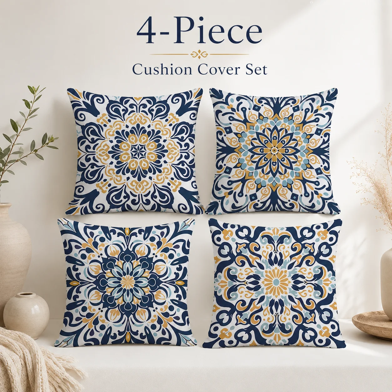 

4 Pcs Soft Peach Skin Cushion Covers 2D Flat Printed Bohemian Mandala Pillowcase Set Modern Room Decor Coussin For Home