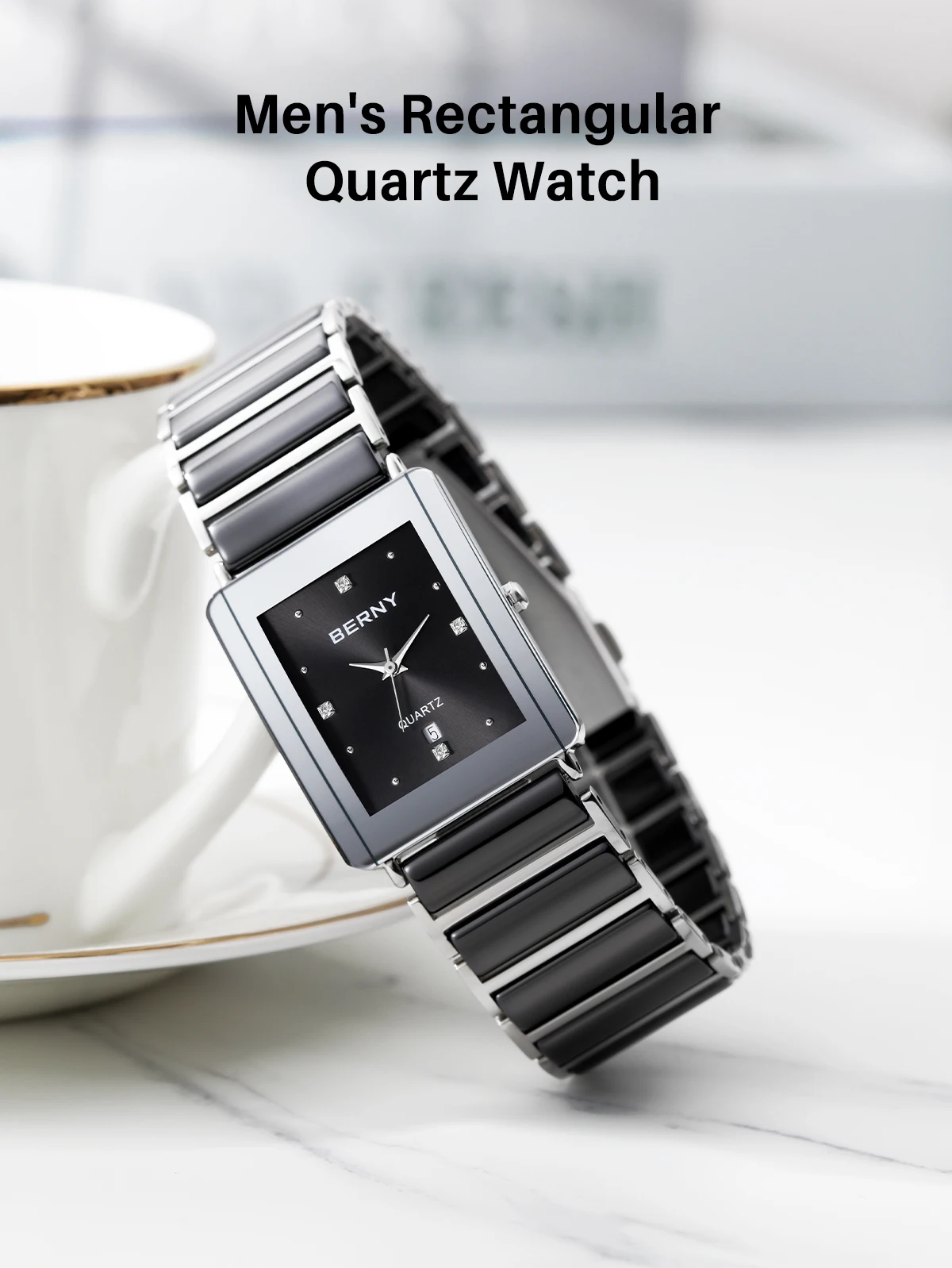 BERNY Keramikuhren für Herren, Kalender, lässige rechteckige Quarzuhr, luxuriöse Diamant-Armbanduhr im Vintage-Stil – Detail 1