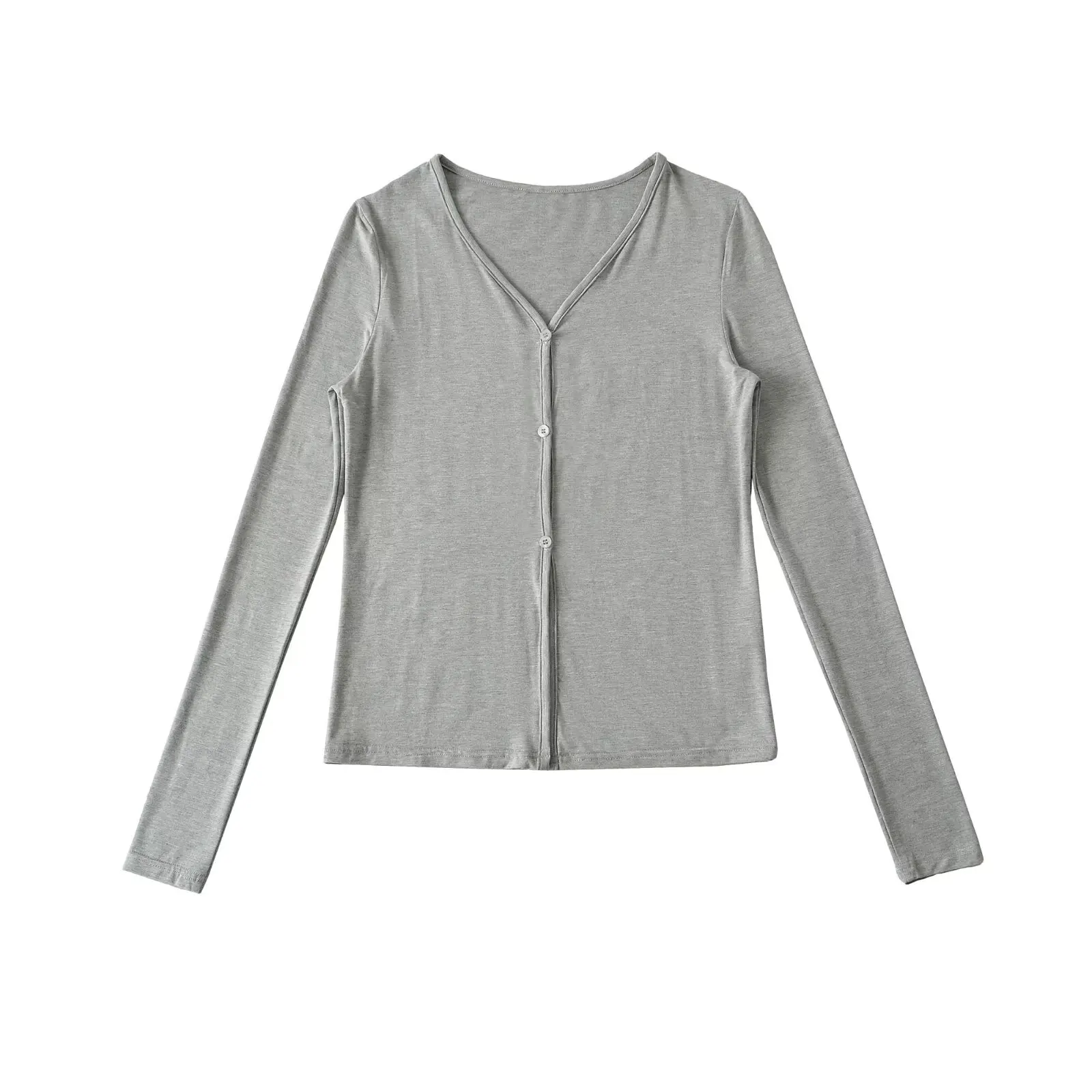 الرجعية الأمريكية V-ne طويلة Sve تي شيرت المرأة طبقة قاعدة التخسيس اللون سترة علوية للخريف تنوعا سليم صالح #4