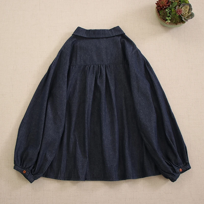 Japanese Mori Girl Vintage Denim Blue Shirt Women Spring Autumn Peter Pan Collar Long Sleeve Casual Loose Jeans Blouse Blusas