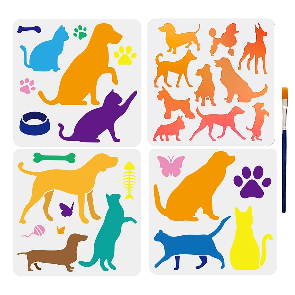 4pcs Dog Cat Stencil 11.8×11.8inch Pet Theme Plastic Decoration Template with Paint Brush Golden Retriever Dachshund Dog Bones