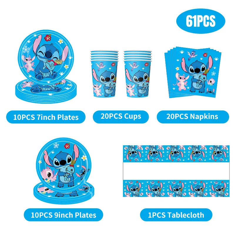 Disney Stitch-vajilla decorativa para cumpleaños, vasos de papel, platos, telón de fondo, mantel, globos, suministros para fiesta de cumpleaños para