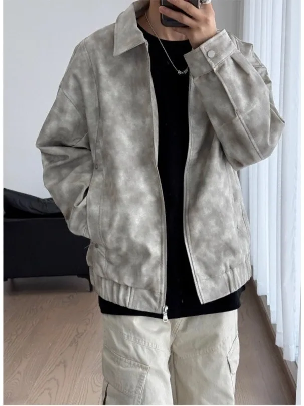 

American Sle Men's Leather Jaet ey Retro Collar Biker Riding Clothes Spring Autumn Casual Loose Fit Long Sve Zipper