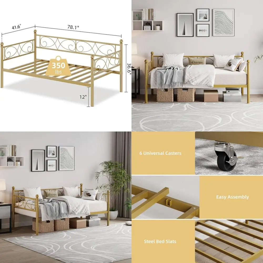 Twin Size Gold Metal Daybed with Floral Board and Heavy Duty Steel Slats for Living and Guest Rooms