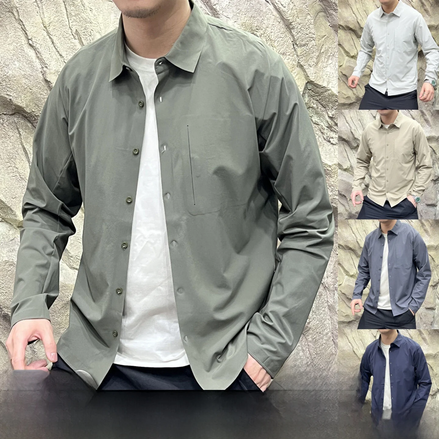 

Outdoor Men's Long Sleeve Shirt Quick Dry Elastic Standard Fit Business V Series High End Taped Autumn Commuting Shirt