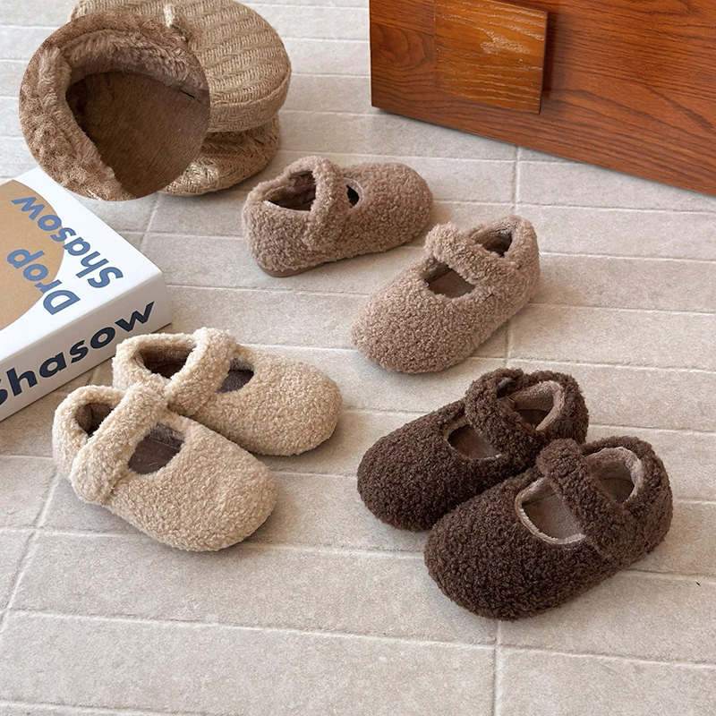 Winter New Children Flat Shoes Fur Cover Toe Light Warm Kids Casual Shoe 2026 Plush Warm Non-slip Leisure Comfy Boys Girls Shoe