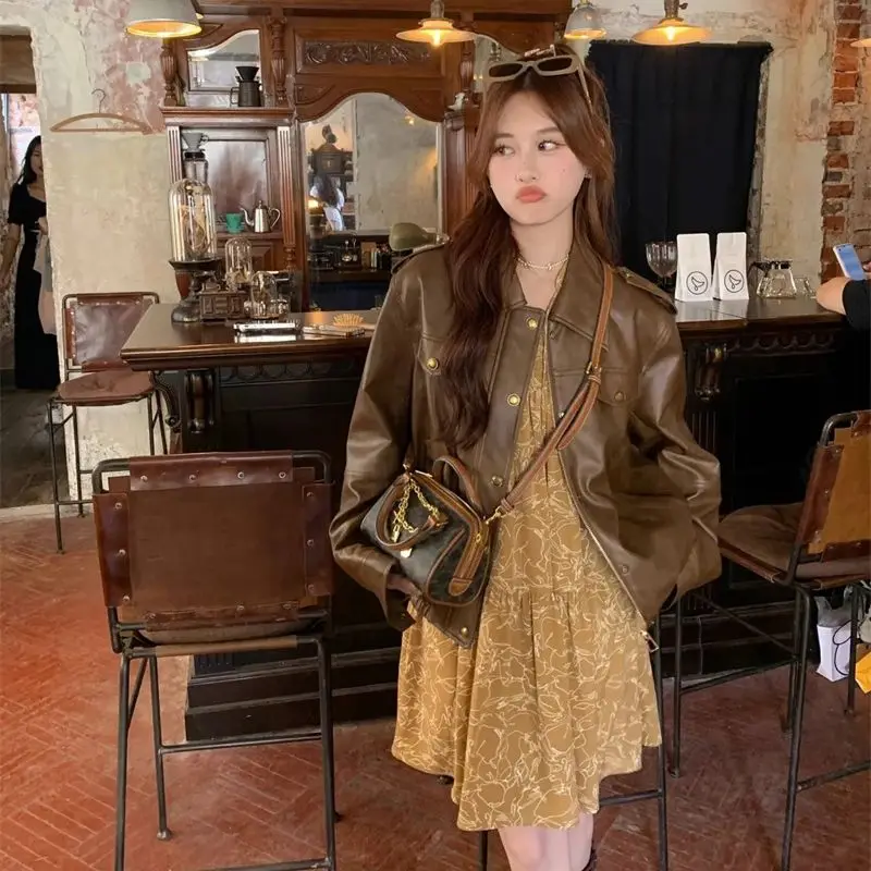 

Fat mm Vintage PU Leather Jacket Cardigan Women 2023 Spring and Autumn New 2-300 Catties Loose Imitation Sheepskin Coat Top V222