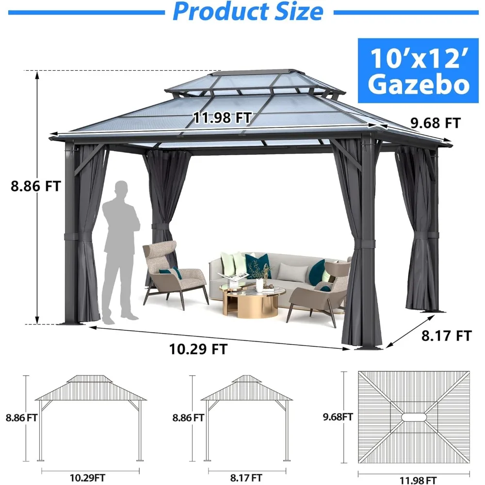 10'x12' Hardtop Gazebo, Outdoor Double Polycarbonate Roof Gazebo, Alumium Frame Permanent Pavilion with Curtains & Netting for B